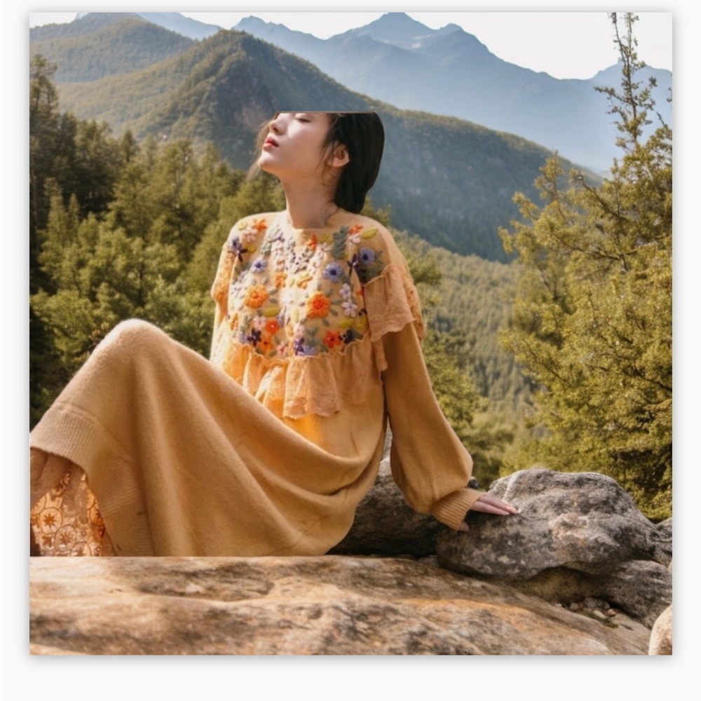 Vintage Yellow Hand Embroidered W/Lace trim Knit Dress -AMAZING-NWOT-SzM-L-😍🍂